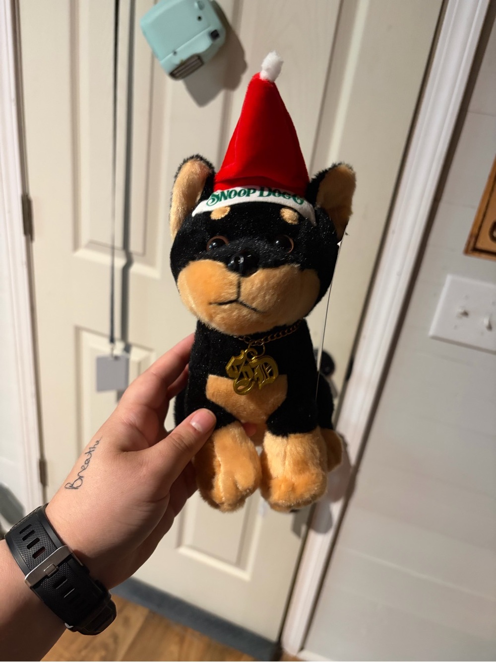 Snoop Dogg Plush Dog Toy in Black and Tan with Holiday Hat